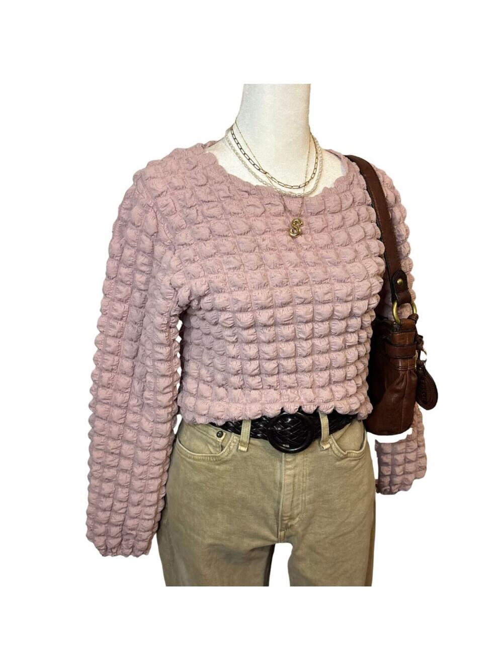 Glassworks London Bubble Popcorn Texture Crop Top Pink Long Sleeve Size S